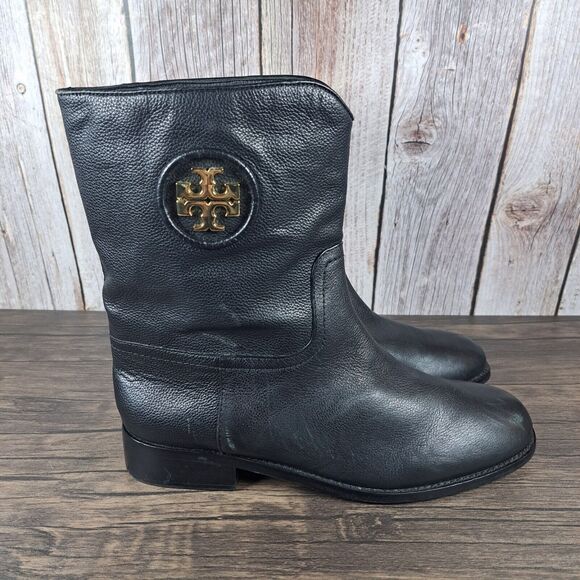 Tory Burch Hallie Mid Shaft Logo Black Leather Riding Boots Women's Sz 9 M (GUC) - Picture 3 of 10